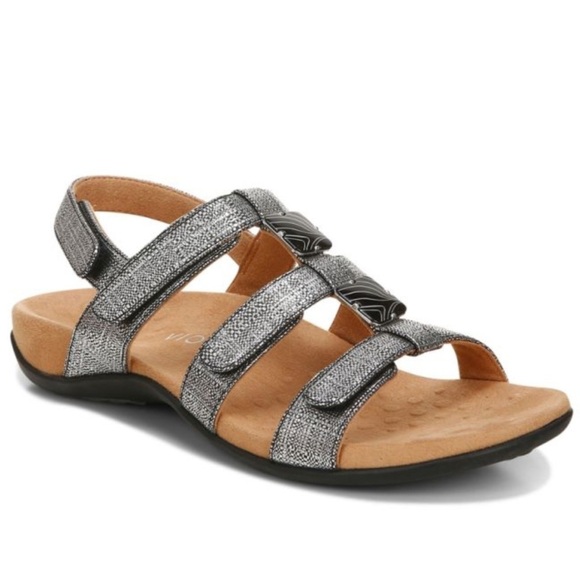 VIONIC Amber Black Metallic Strappy Slingback Comfort Arch Support Sandals - Picture 1 of 10